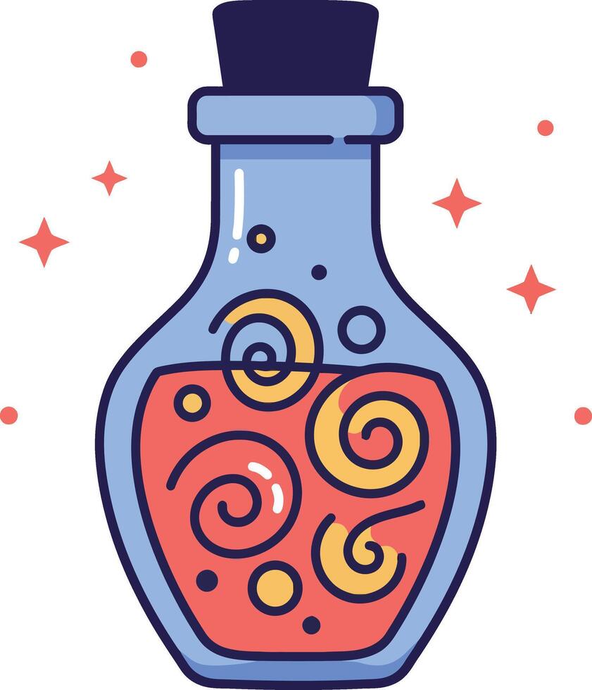 Colorful potion bottle with swirling patterns in flat art vector