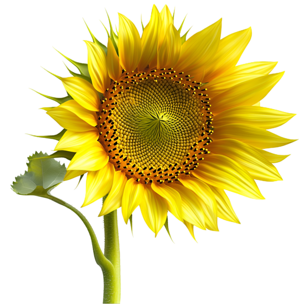 Tall bright sunflower large yellow petals and dark brown textured center png