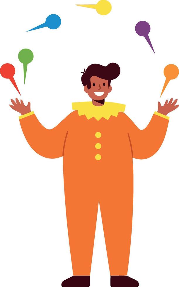 Clown in an orange costume juggling colorful balls in a cheerful, flat illustration vector