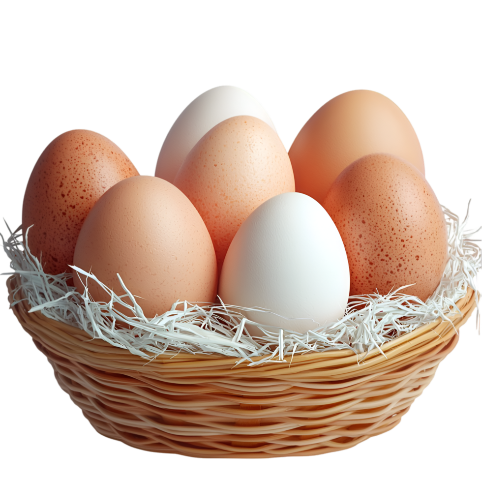 Nest filled fresh brown and white eggs in woven natural rustic basket png