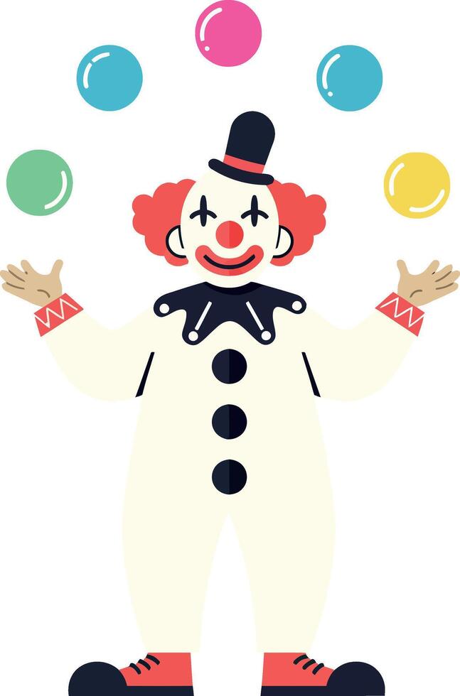 Jolly clown performing juggling act with colorful balls in flat art vector