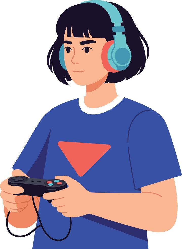 Young girl wearing headphones and holding a game controller in flat art vector