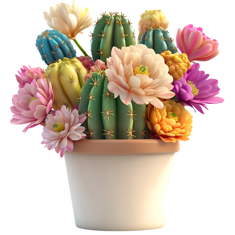 Vibrant potted cactus plant colorful blooming flowers and spiky green stems png