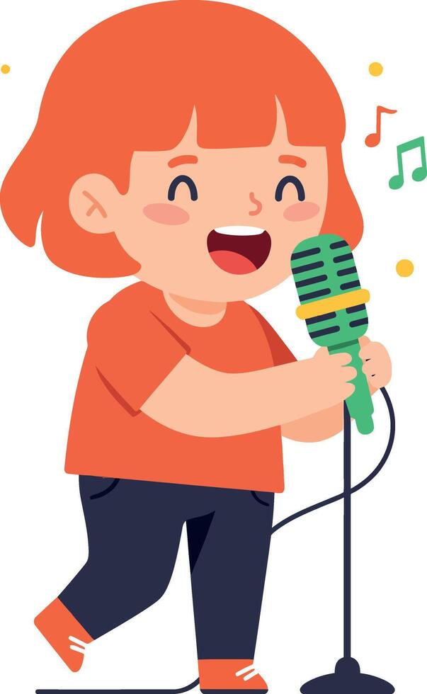 Happy child singing joyfully into a green microphone in a flat illustration vector