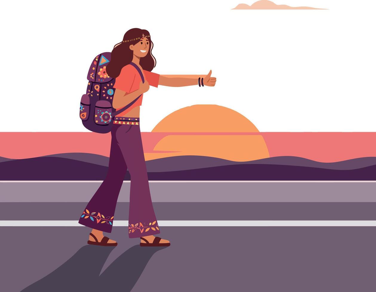 Young woman hitchhiking with a colorful backpack during sunset in flat art vector