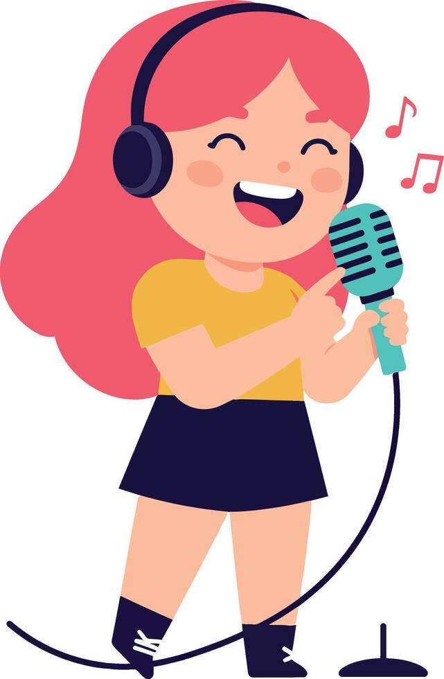 Happy girl singing into a microphone with headphones in a colorful flat illustration vector