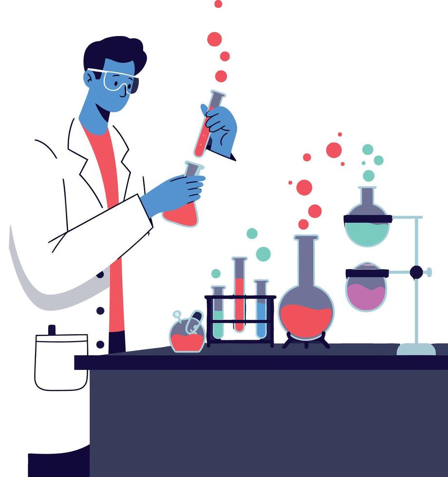 Scientist conducting experiments with colorful liquids in a flat illustration vector