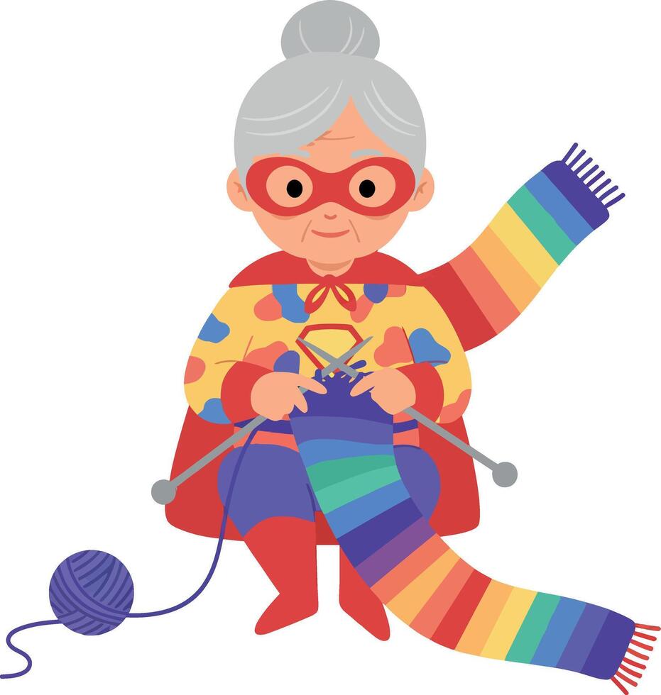 Cheerful elderly woman knitting a colorful scarf in a flat illustration vector