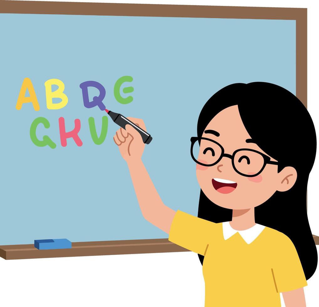 A joyful girl writing colorful letters on a chalkboard in flat art vector