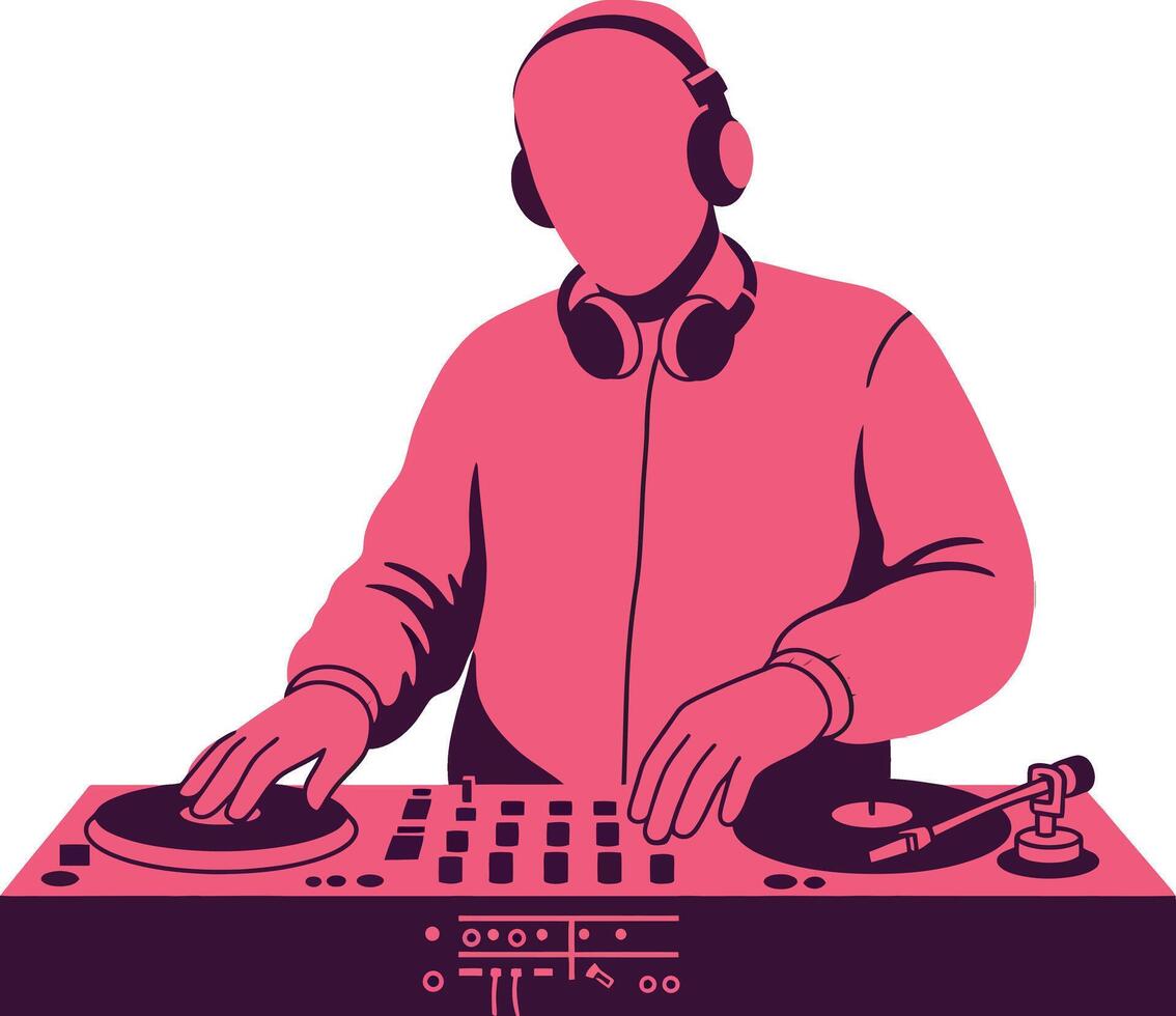 DJ mixing vibrant beats with turntables in flat art style, showcasing energy and rhythm in a lively setting vector