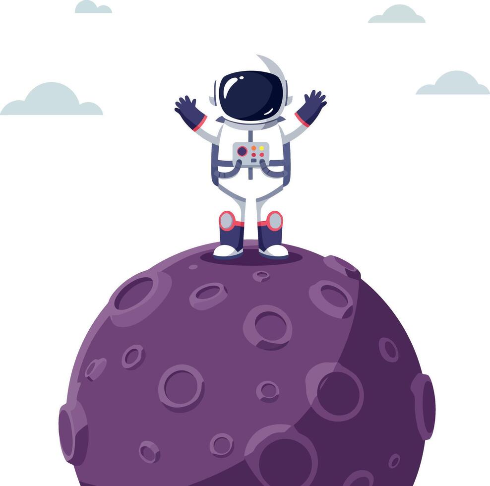 Astronaut standing triumphantly on a purple moon with a flat design style art vector