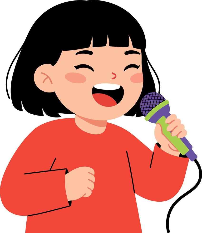 A joyful girl singing into a microphone in a minimal and colorful illustration vector