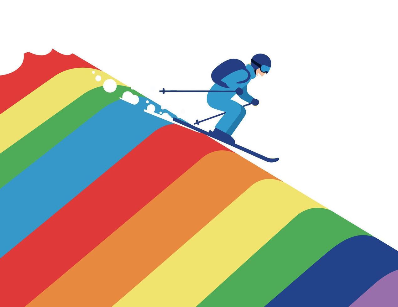 A skier gliding down a vibrant rainbow slope in a flat illustration vector