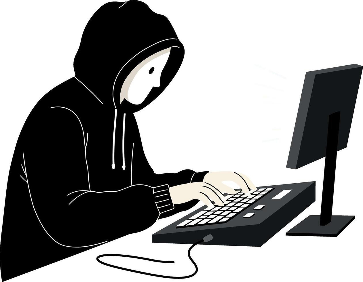 A person in a black hoodie working diligently on a keyboard at a computer in flat art vector