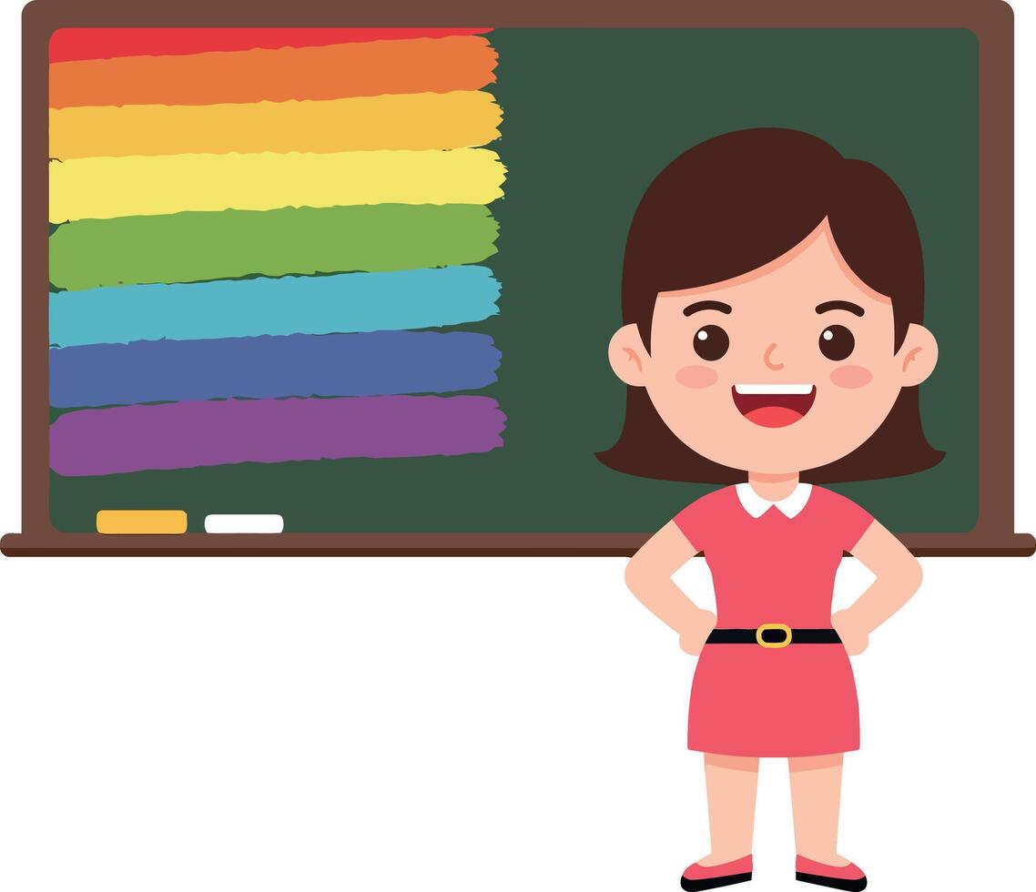 Cheerful teacher standing confidently in front of a colorful chalkboard in flat illustration vector