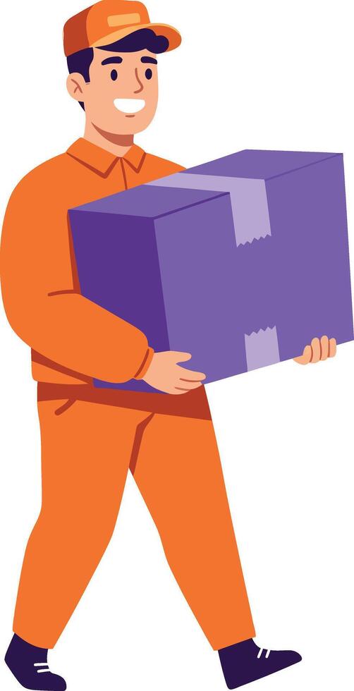 Delivery person in orange uniform happily carrying a purple box in flat art vector