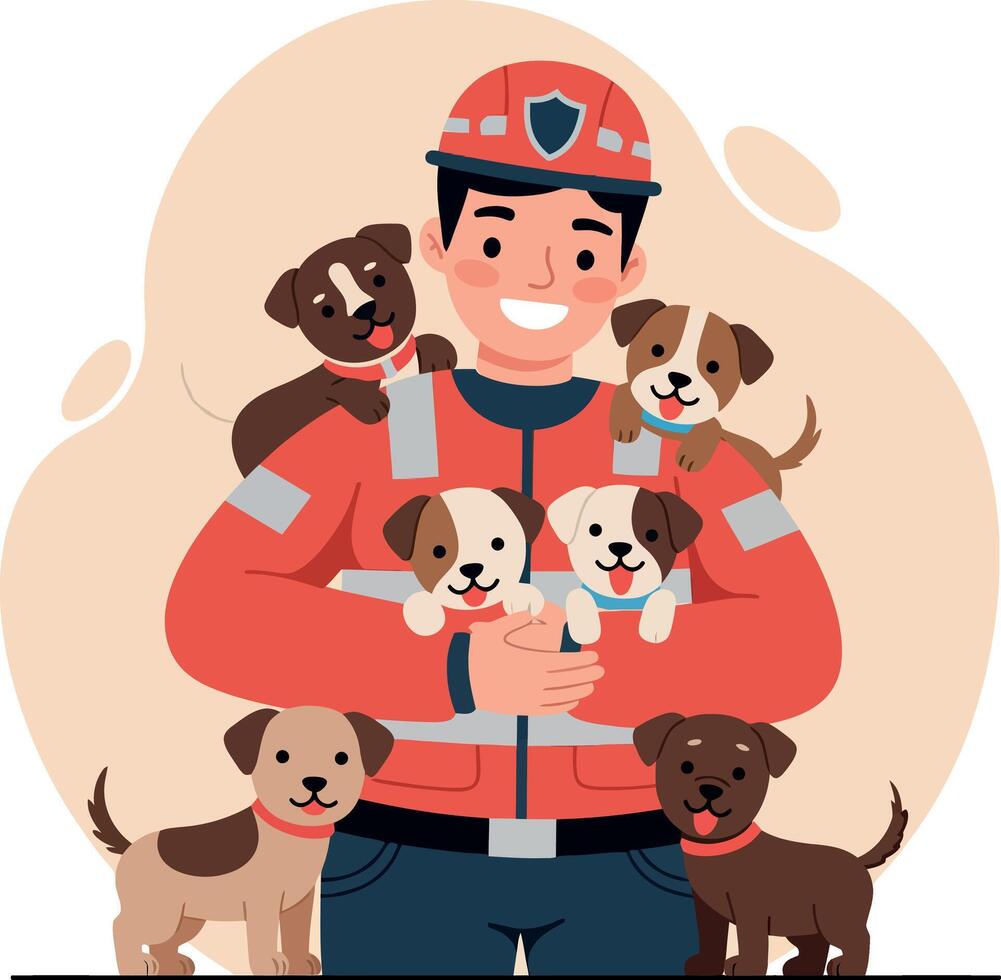 A smiling man in a red jacket happily holds several playful puppies in a colorful, flat illustration vector