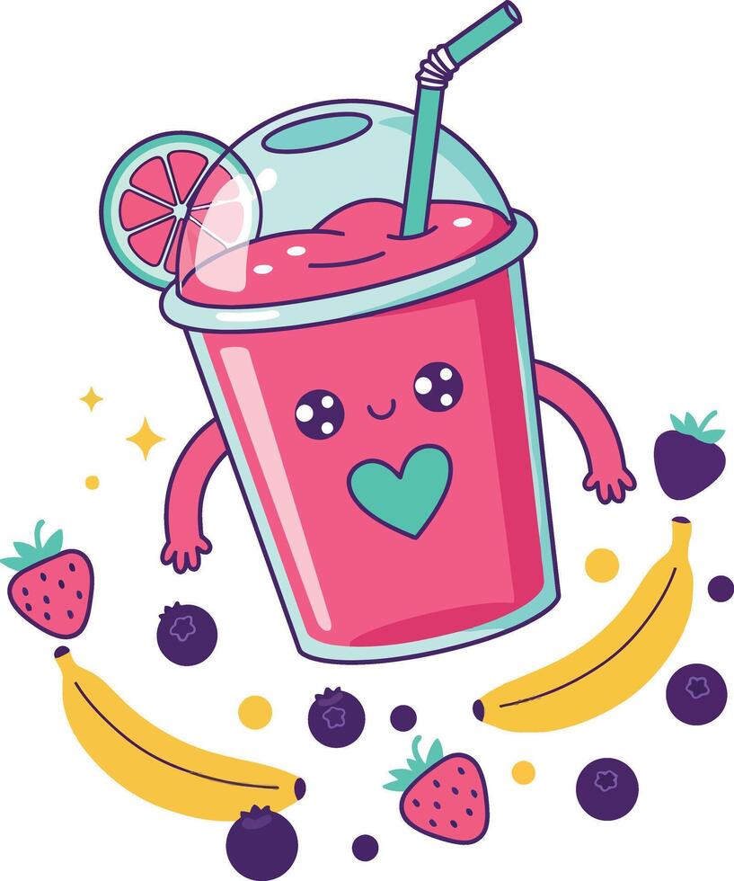 Cheerful pink smoothie cup character with arms surrounded by fruits in playful flat art vector