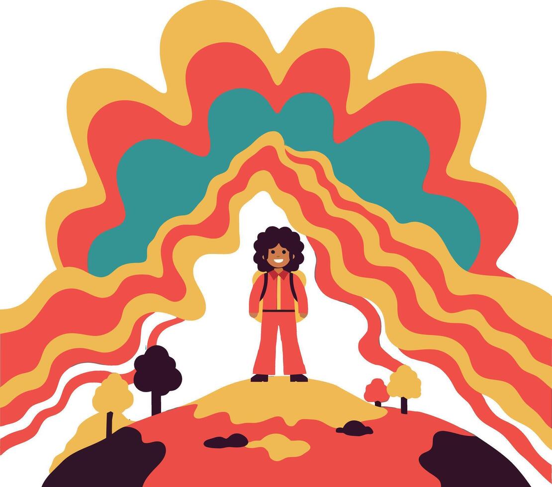 A cheerful adventurer standing on a colorful hill with vibrant waves in a flat illustration vector
