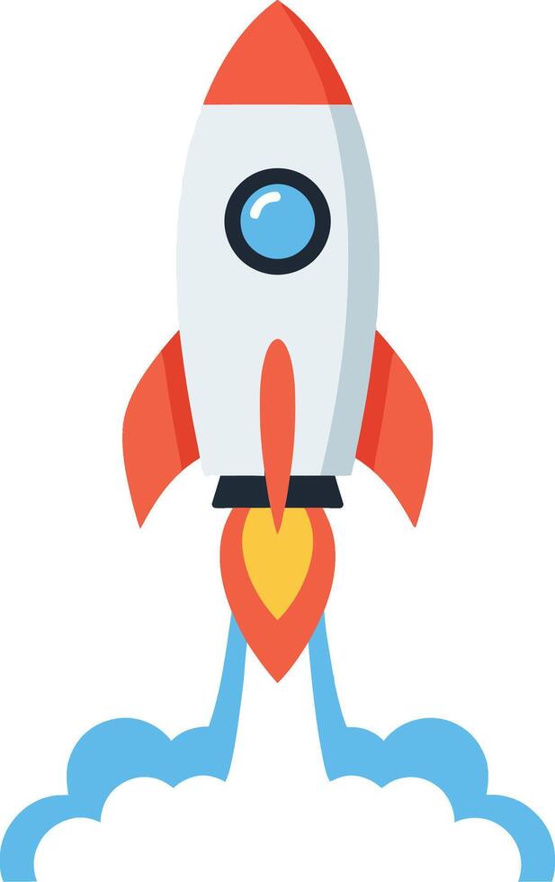 Rocket launching into space with colorful flames in flat art vector