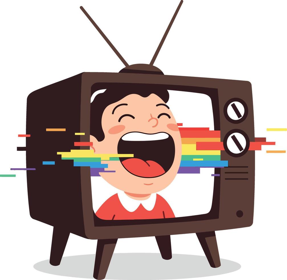A joyful boy with a wide smile emerging from a retro television screen in flat art vector