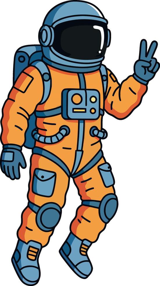 Astronaut in a vibrant orange suit making a peace sign in a playful flat illustration vector