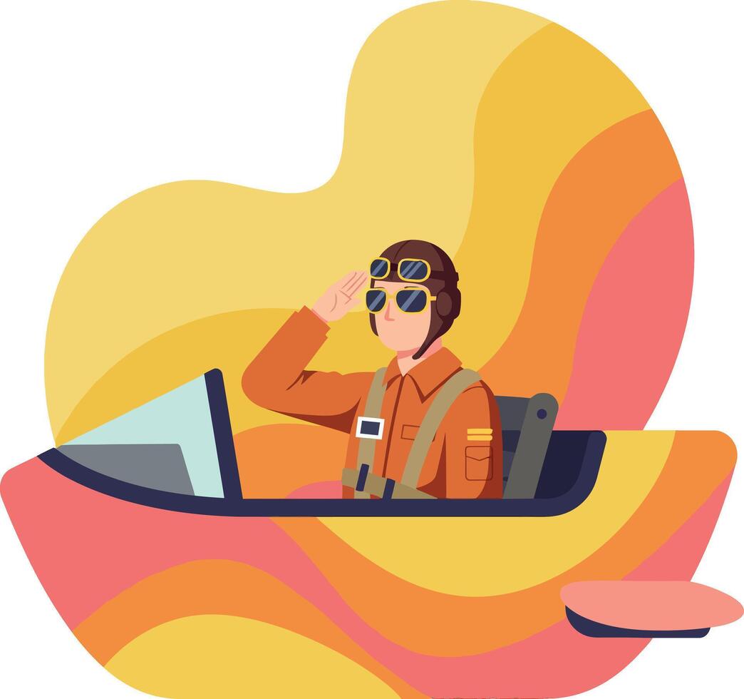 Pilot in orange flight suit saluting from colorful retro airplane, flat art vector