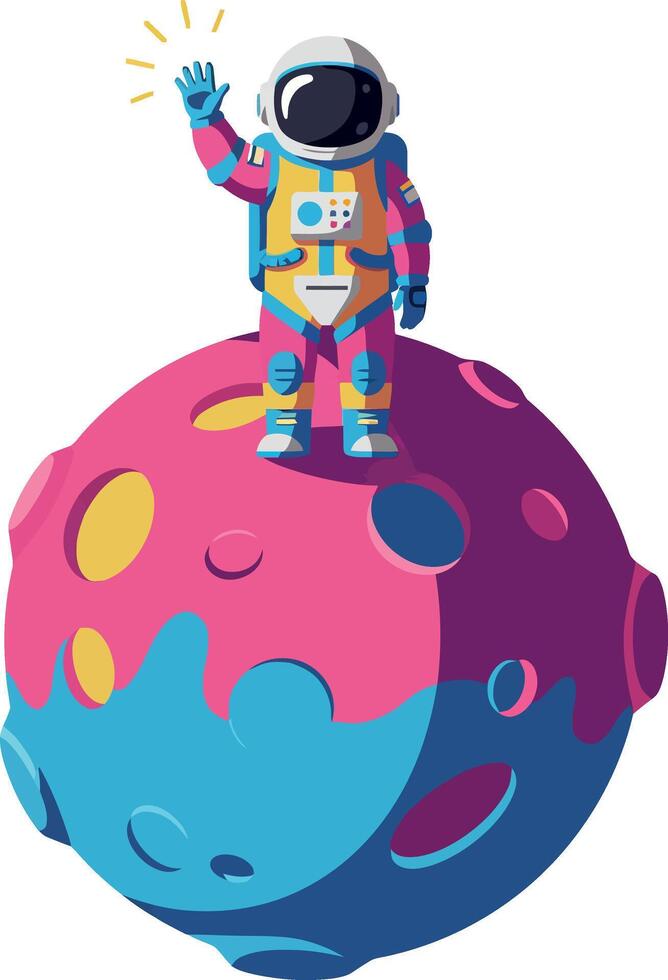 Astronaut waving on a colorful planet with vibrant shapes in a flat illustration vector
