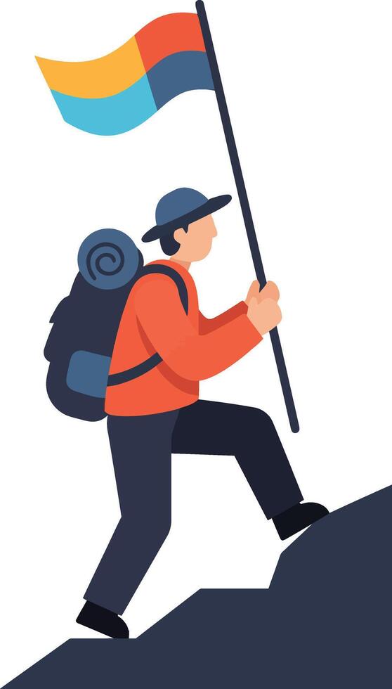 A determined hiker ascending a steep slope while proudly holding a flag in flat art vector