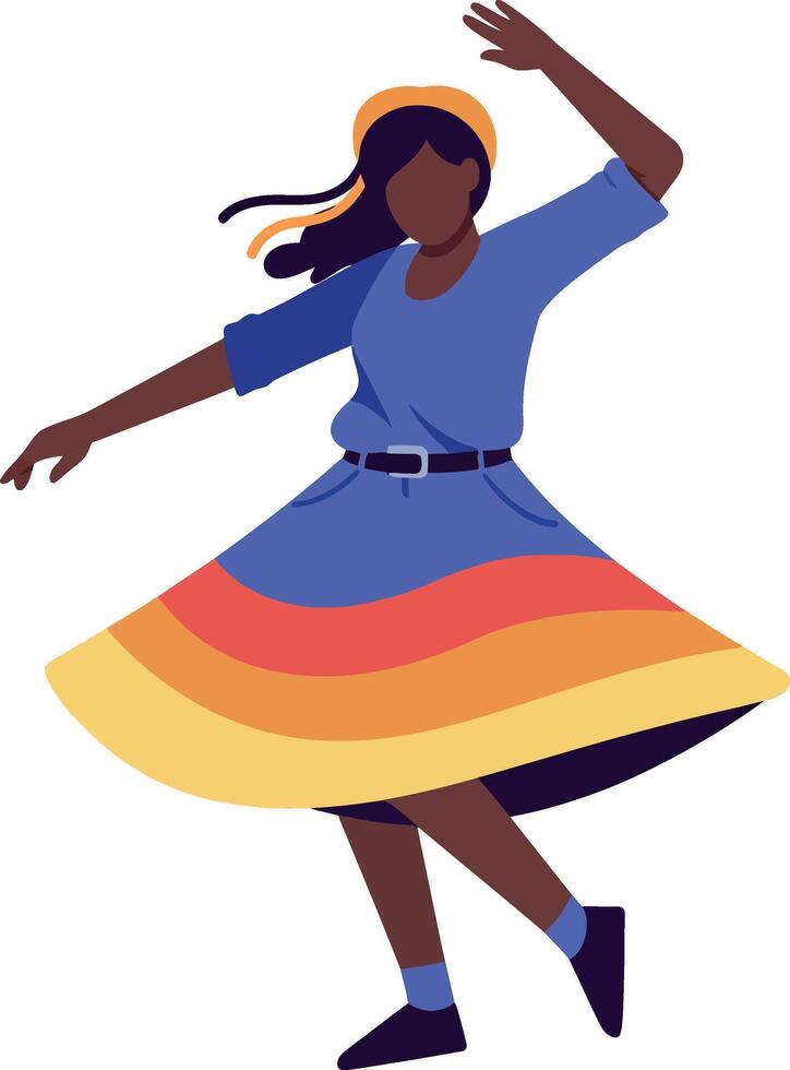 Dancing woman in colorful skirt with flowing hair in flat illustration vector
