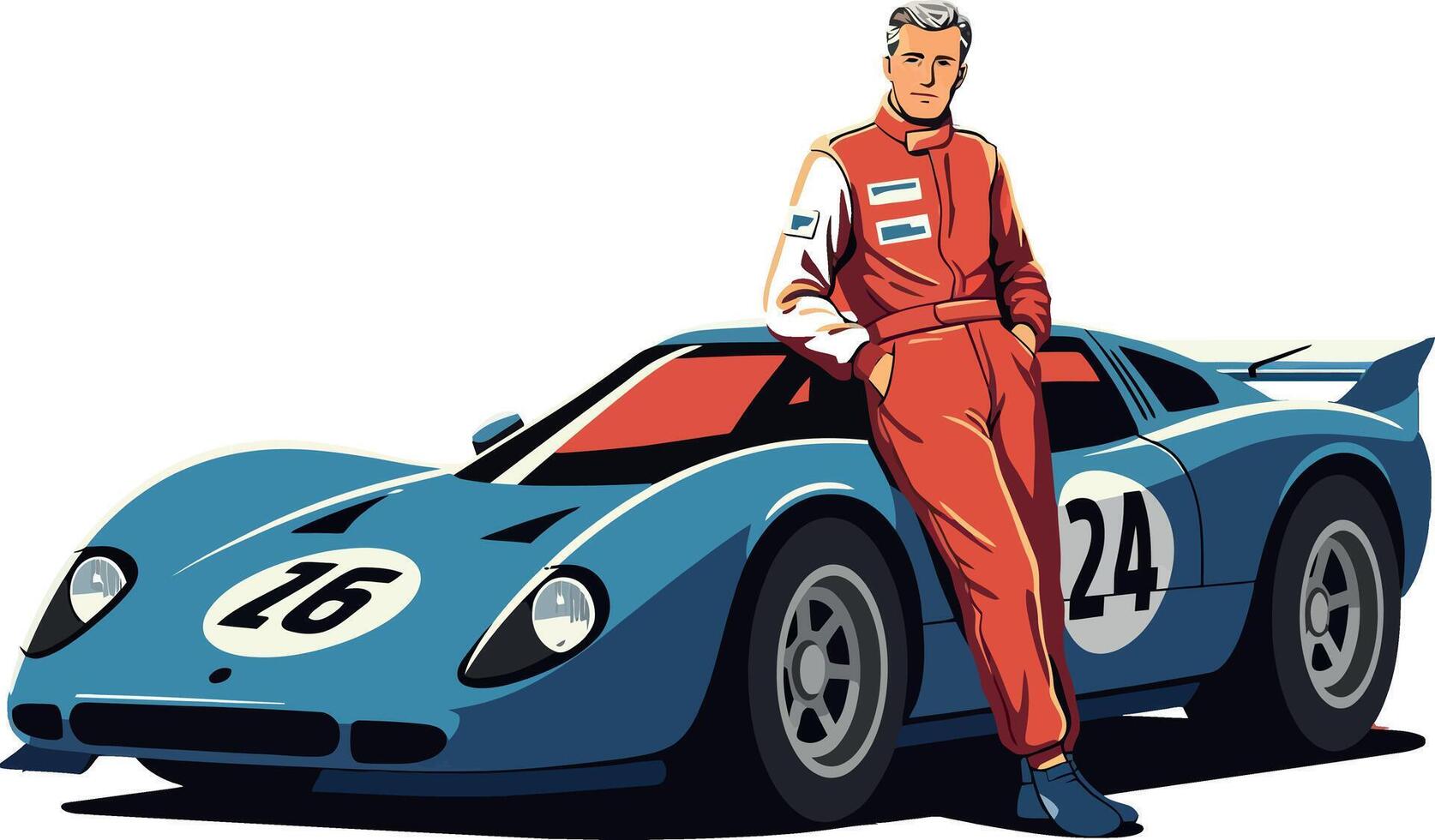 Racing driver in red jumpsuit leaning on blue sports car, flat illustration vector