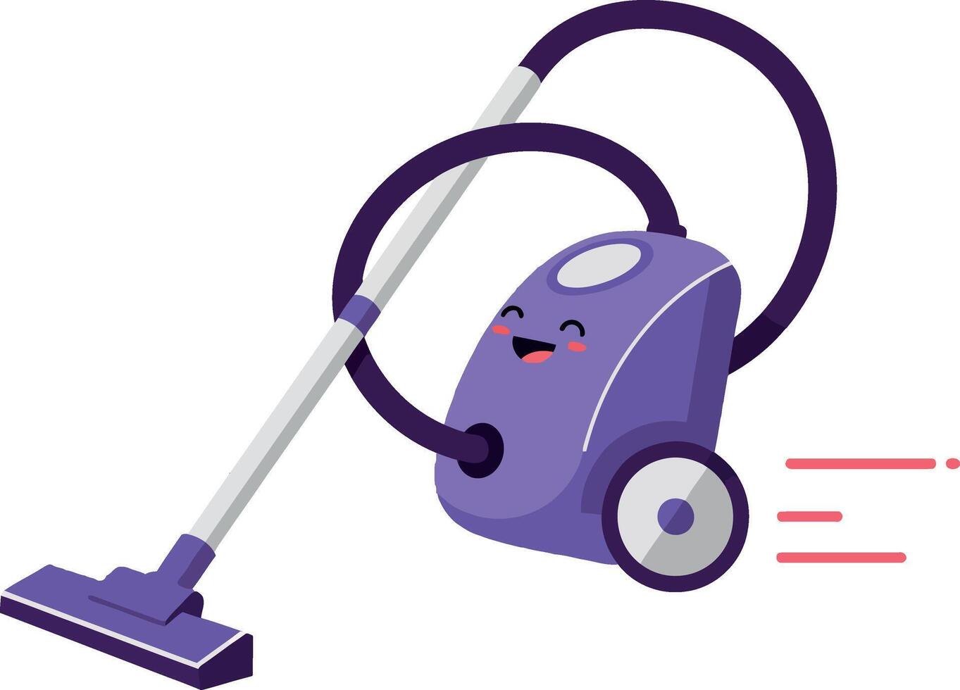 A cheerful purple vacuum cleaner in a flat, minimal design performing cleaning tasks with a lively expression, art vector