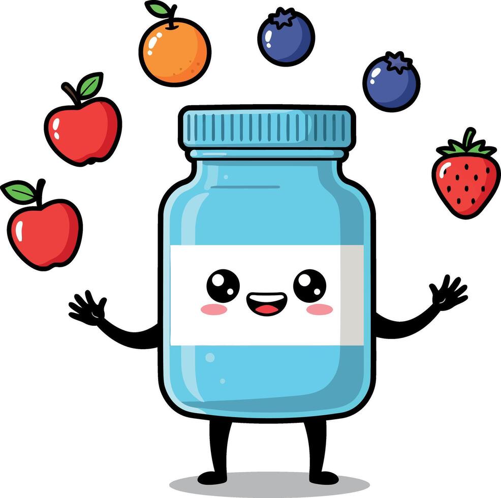 Cute cartoon jar character juggling colorful fruits in flat art style vector