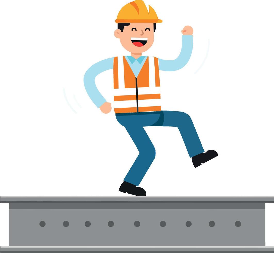 Construction worker in safety gear performing a joyful dance on a steel beam in flat art vector