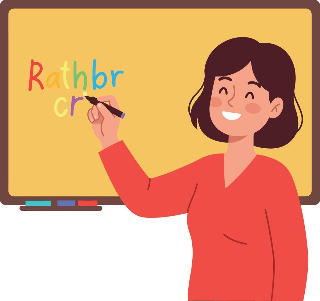 Smiling woman writing on a colorful chalkboard in a flat illustration vector