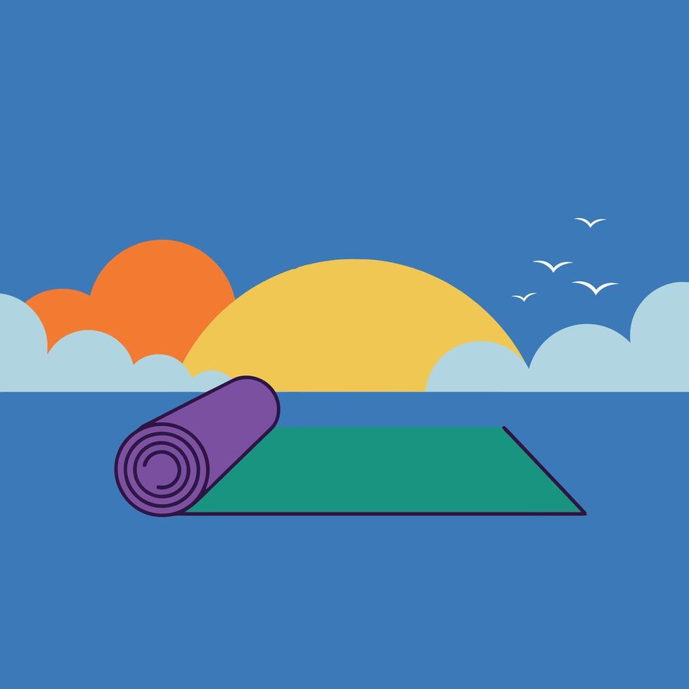 A yoga mat on a serene beach at sunset in flat art vector
