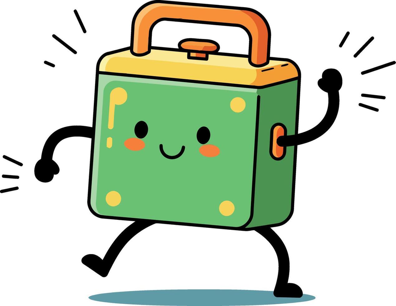 A cheerful green suitcase with a smiling face, walking energetically in a flat illustration vector