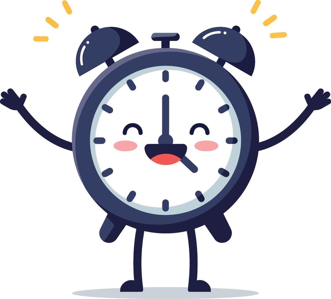 Happy alarm clock character with arms raised celebrating in flat art vector
