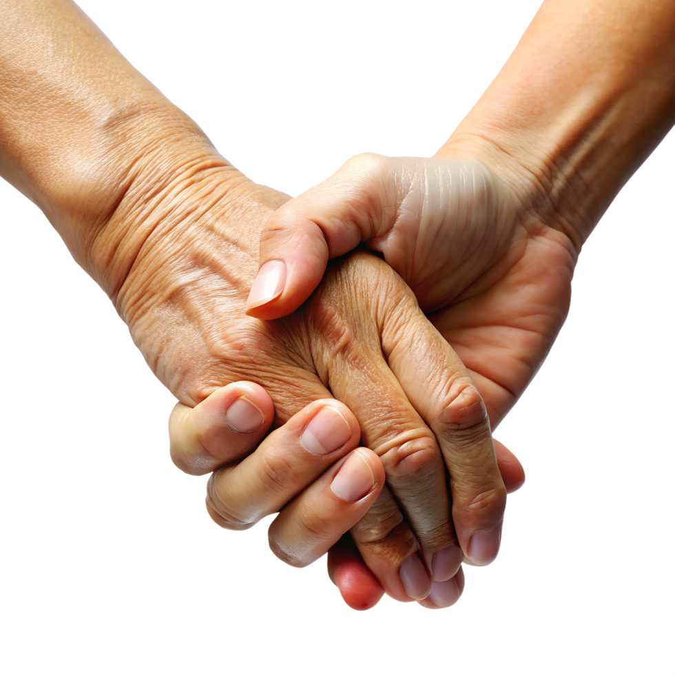 Closeup old and young holding hands, handshake silhouette, holding hands on transparent background png