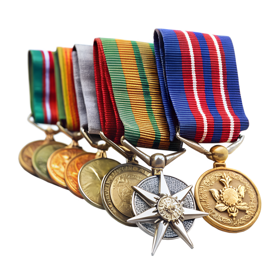 Close up of military medals or uniform on a transparent background png