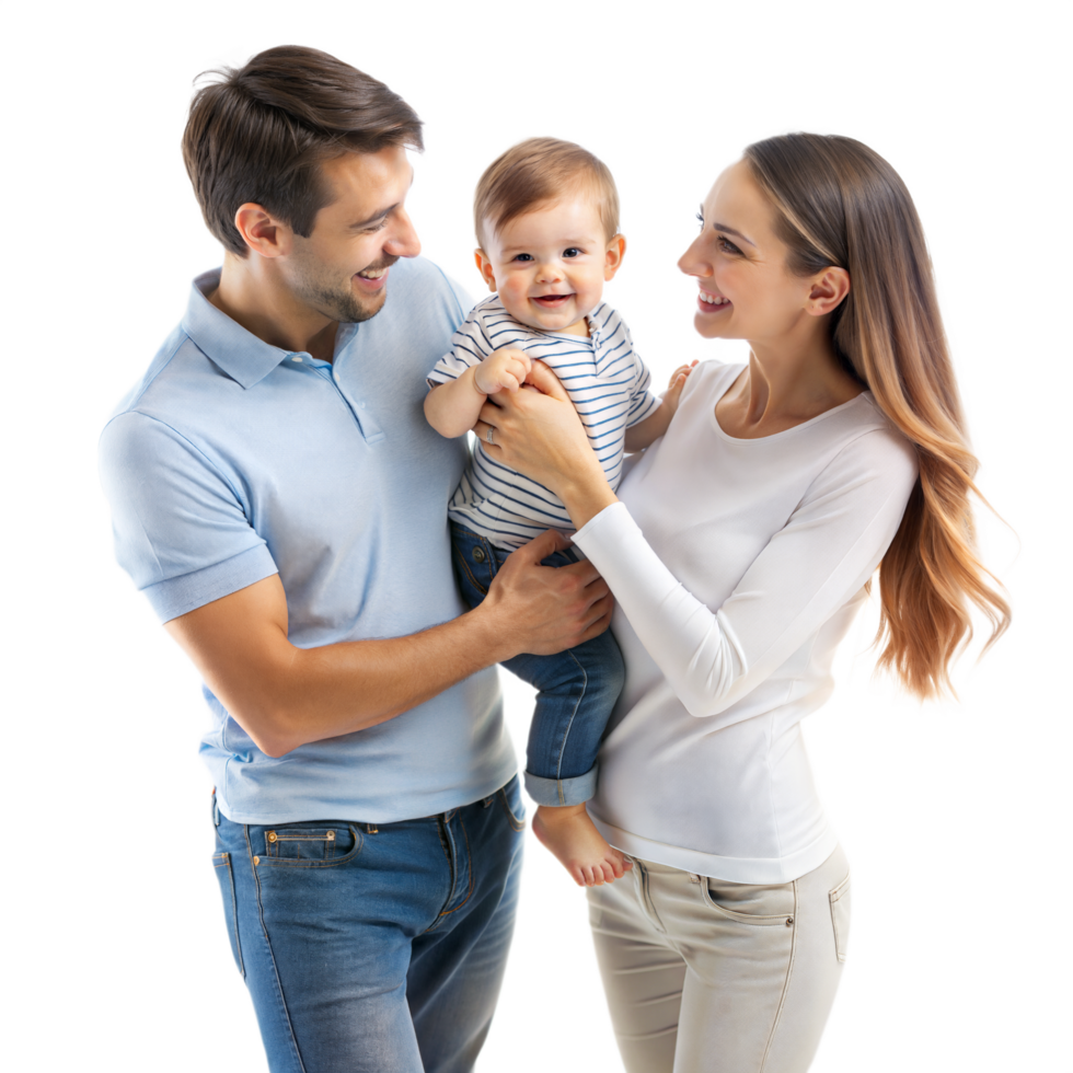 A happy family, parents and sons, mother father and baby, a happy smiling family together at home clean transparent background png