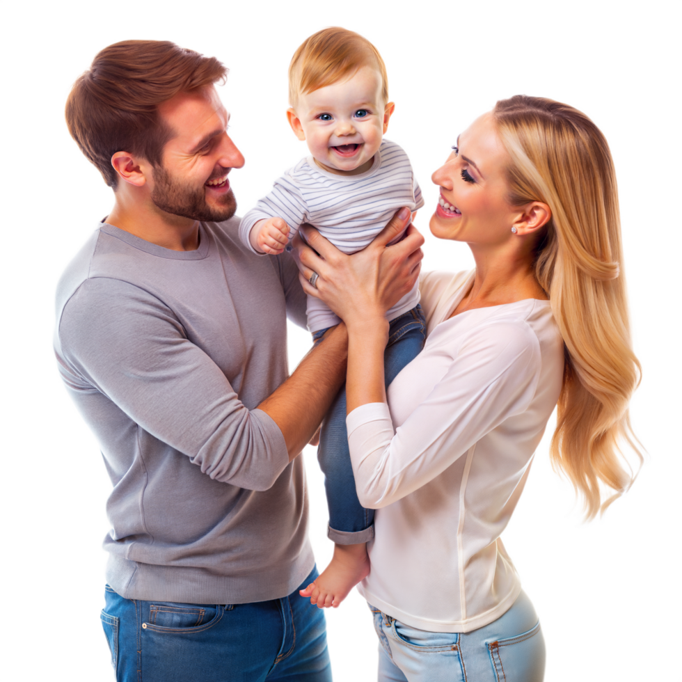 A happy family, parents and sons, mother father and baby, a happy smiling family together at home on transparent background png