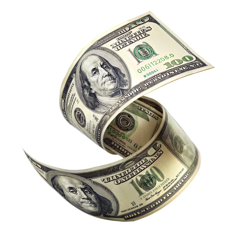 A single curvy US dollar note flying US dollar money and wealth on isolated background png