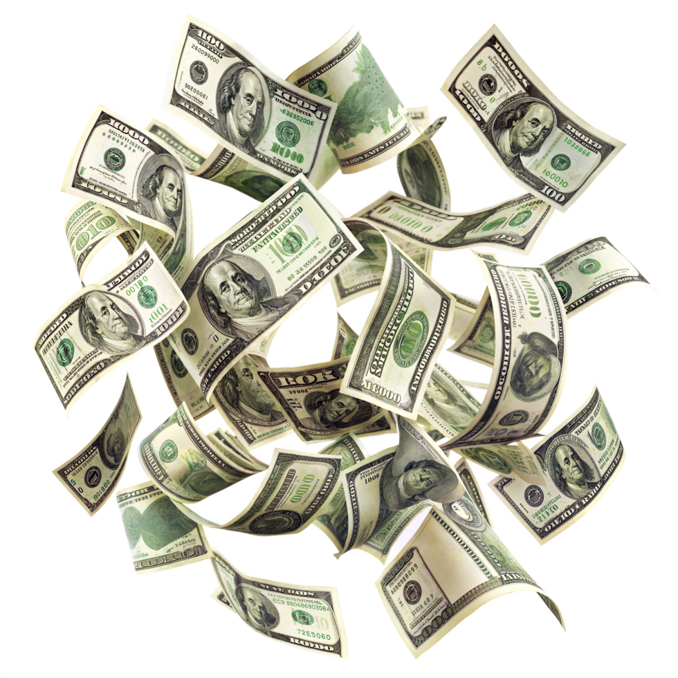 A stack of US dollar note flying US dollar money and wealth on isolated background png