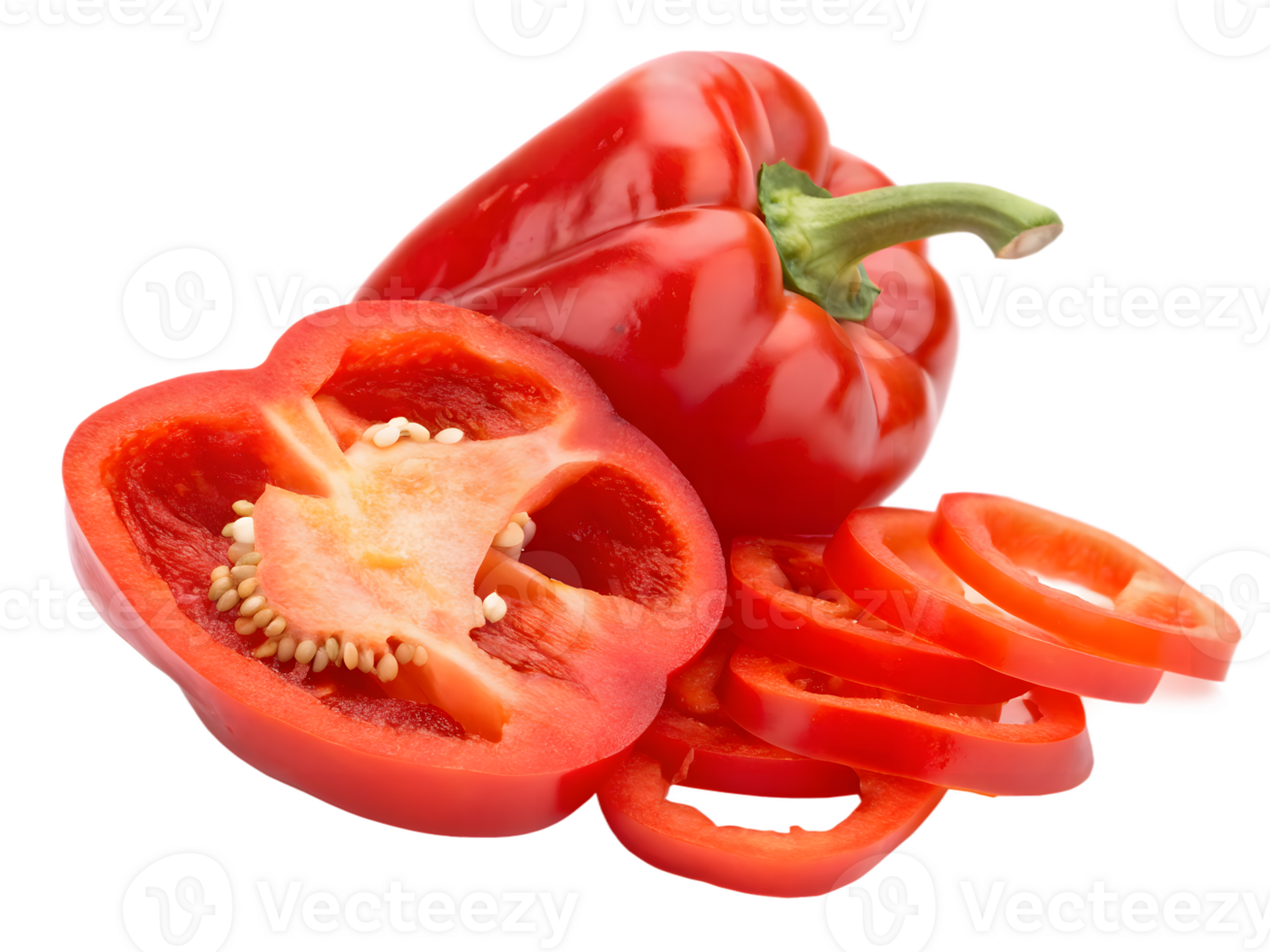 Fresh Red Bell Pepper, Whole, Half, and Sliced, Isolated on Transparent Background png