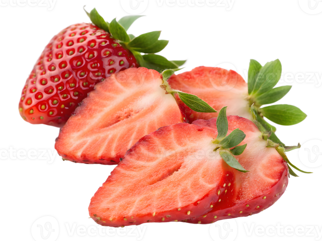 Fresh Strawberries Whole and Sliced, Isolated on Transparent Background png