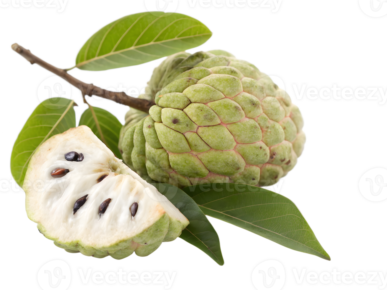 Ripe Sugar Apple Custard Apple with Slice and Leaves on Transparent Background png