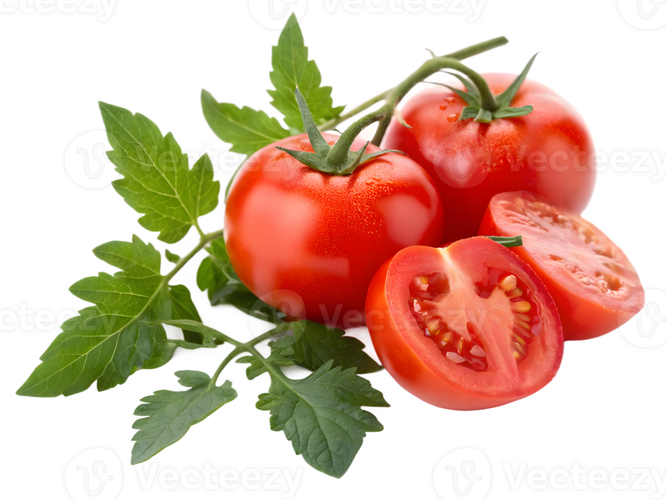 Fresh Red Tomatoes with Green Leaves, Isolated on Transparent Background png