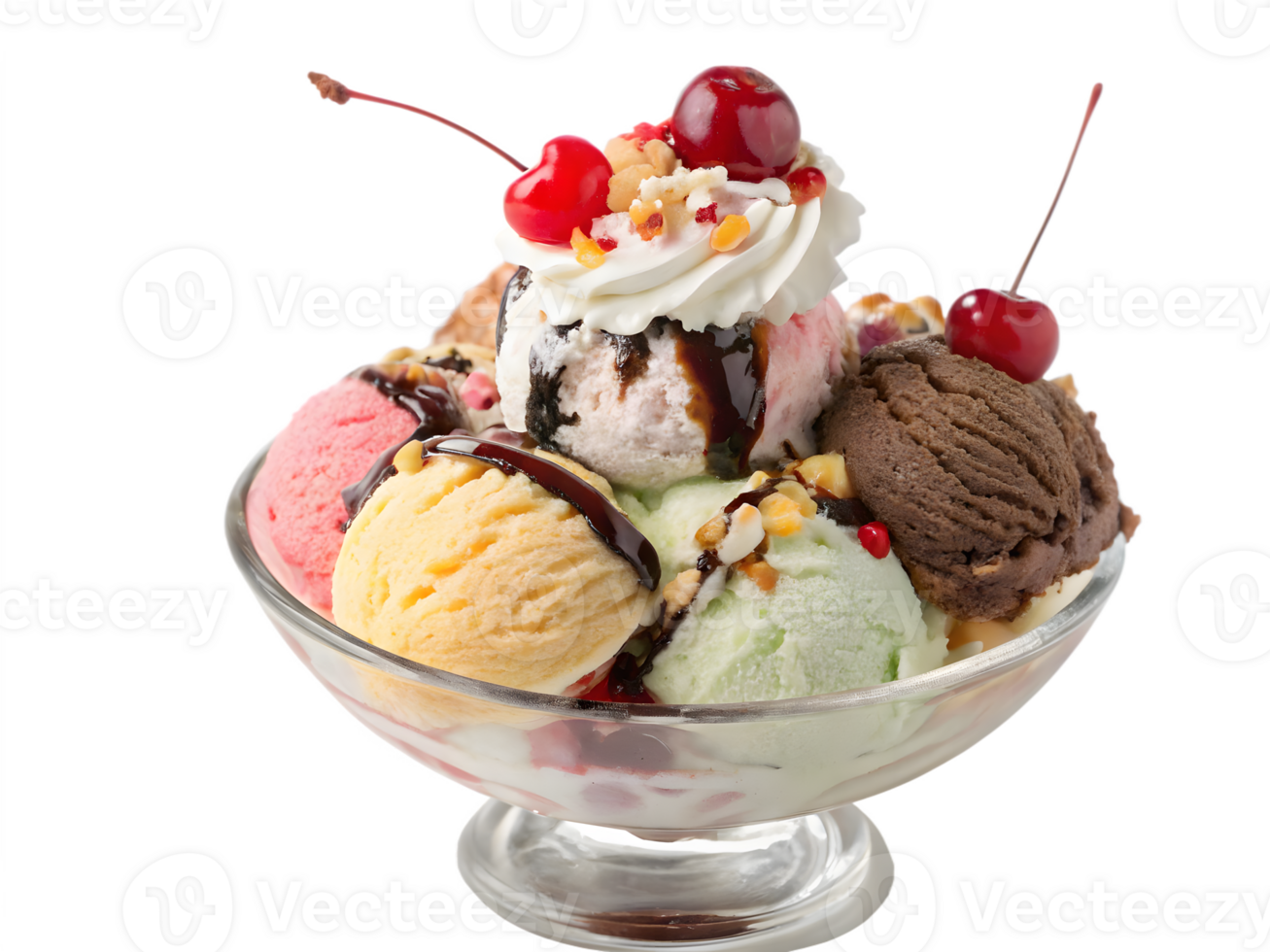 Colorful Ice Cream Sundae with Cherries, on Transparent Background png