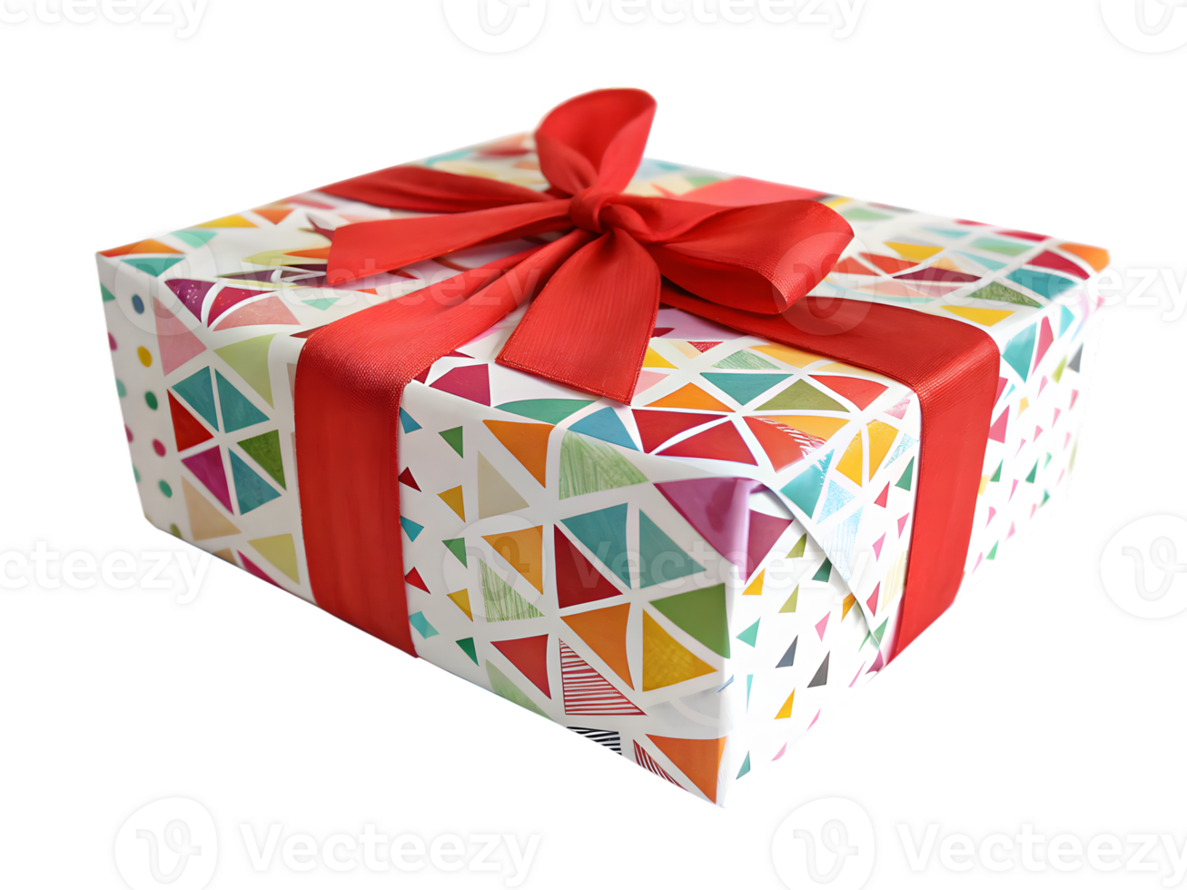 Colorful Geometric Patterned Gift Box with Red Ribbon, on Transparent Background png